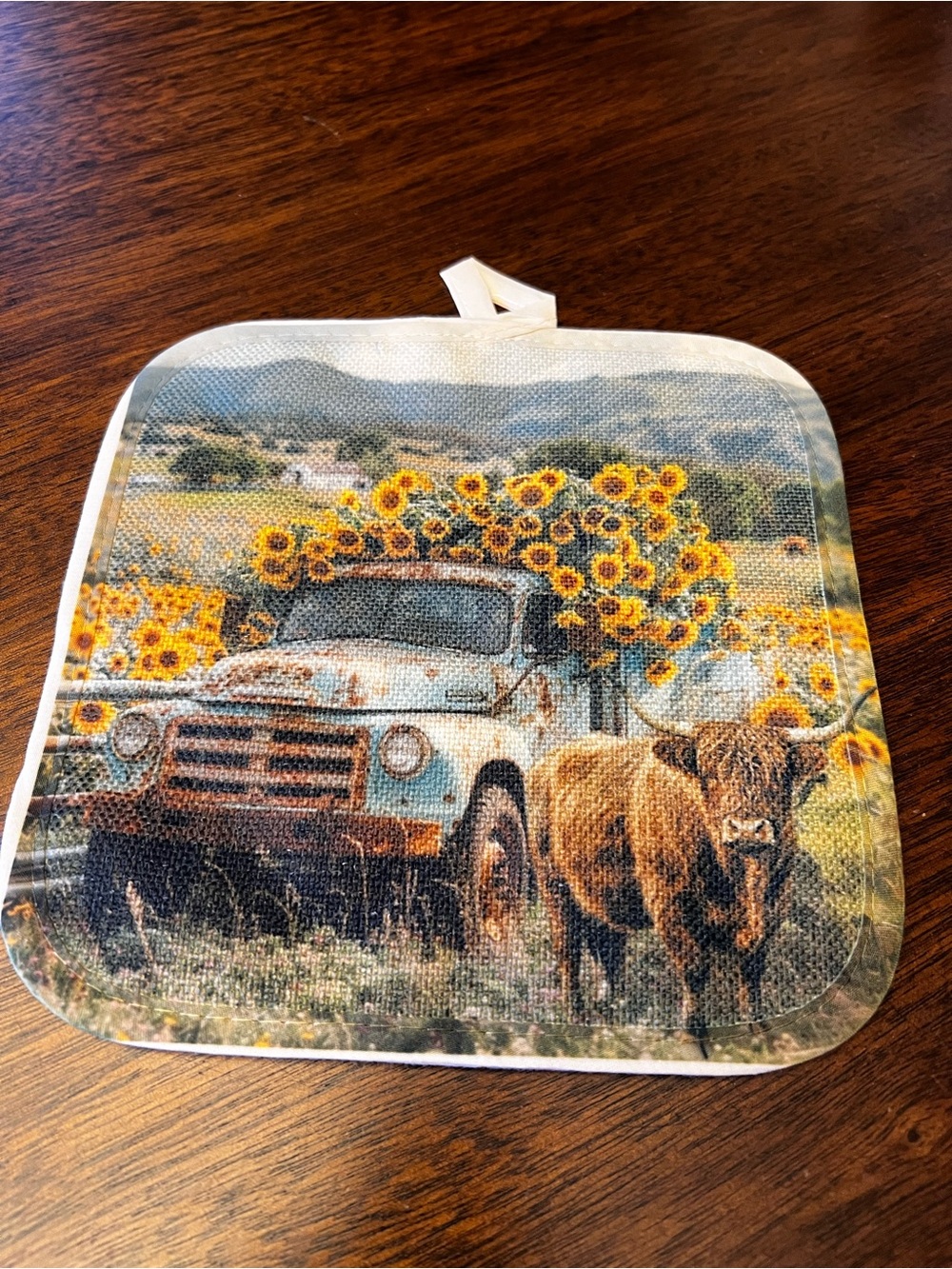 Sunflower Truck & Highland cow Cotton Pot Holder - Blue and Yellow